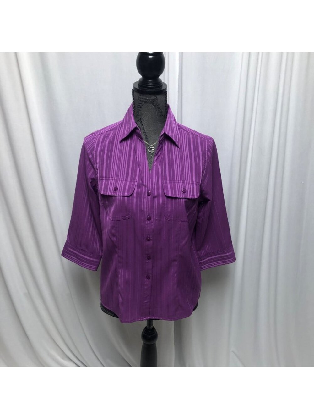 Joanna Blouse Womens Size Small Petite Purple Stripe Button Front Top Vintage